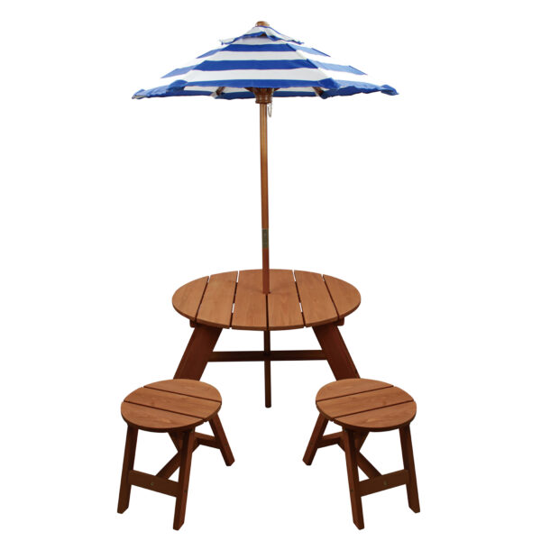 Wood Round Table with Umbrella, 2 Chairs, and Cushion