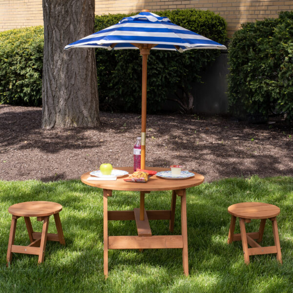 Wood Round Table with Umbrella, 2 Chairs, and Cushion - Image 3